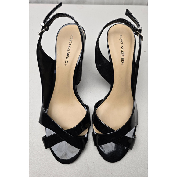 City Classified Black Patent Open Toe Slingback Heels Size 10 Women’s Shoes - Picture 1 of 3